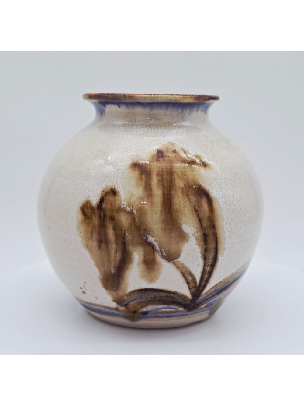 Studio Pottery Vase With Abstract Brown & Blue Crackle Glaze Design 5.25" High